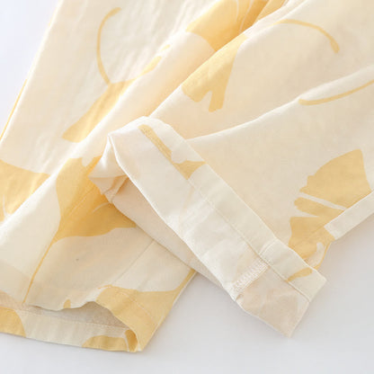 Women's Cotton Pajama Set with Ginkgo Leaf Print and Bow Tie Detail for Lounging at Home