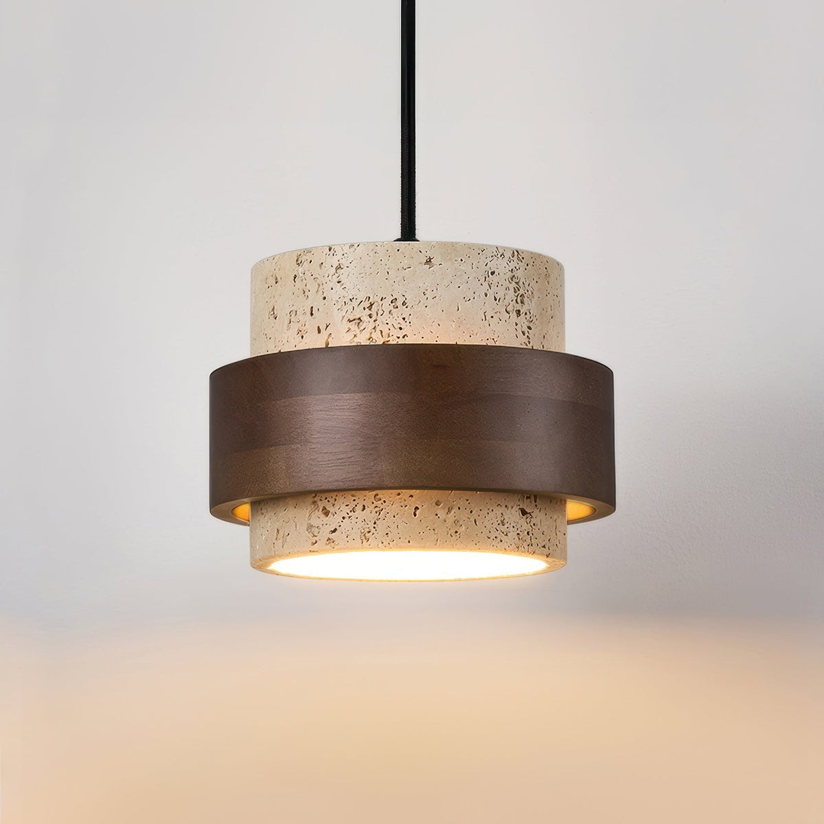 Stone & Wood Drop Ceiling Fixture 6.7 Inch Natural Travertine Hanging Light for Dining Table Kitchen Island Bedside Minimalist Adjustable Co
