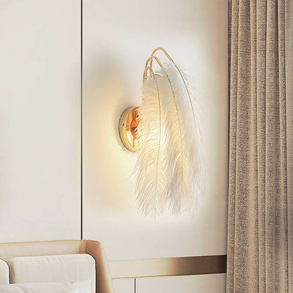 Feathered Sconce with Plume Shade for Bedroom Reading Nook Hallway Ambient Glow 9-Inch Iron Arm E26 Socket Adjustable Tone Options White Tex