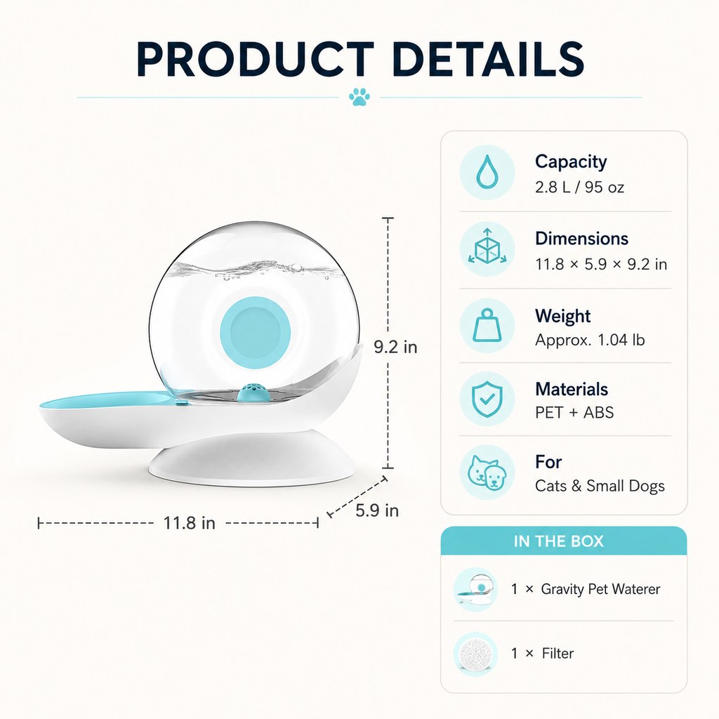 Ortekor 2.8L Gravity Pet Waterer for Cats & Small Dogs – No-Plug Auto Refill for Busy Homes