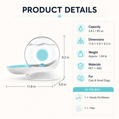 Ortekor 2.8L Gravity Pet Waterer for Cats & Small Dogs – No-Plug Auto Refill for Busy Homes