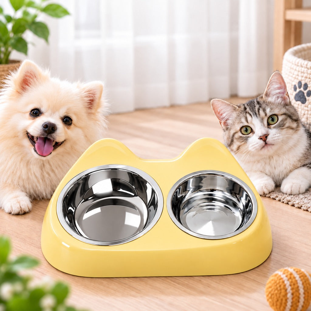 Ortekor 2-in-1 Cat Ear Pet Bowl for Cats and Small Dogs - Slow Feeder or Double Stainless Steel Bowls for Slower, Cleaner Mealtimes