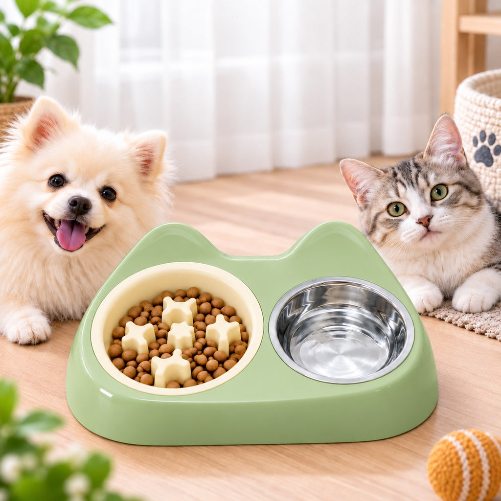 Ortekor 2-in-1 Cat Ear Pet Bowl for Cats and Small Dogs - Slow Feeder or Double Stainless Steel Bowls for Slower, Cleaner Mealtimes