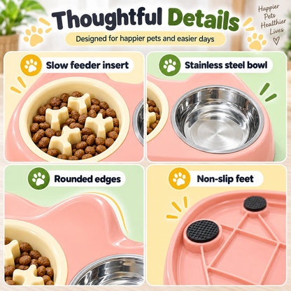 Ortekor 2-in-1 Cat Ear Pet Bowl for Cats and Small Dogs - Slow Feeder or Double Stainless Steel Bowls for Slower, Cleaner Mealtimes