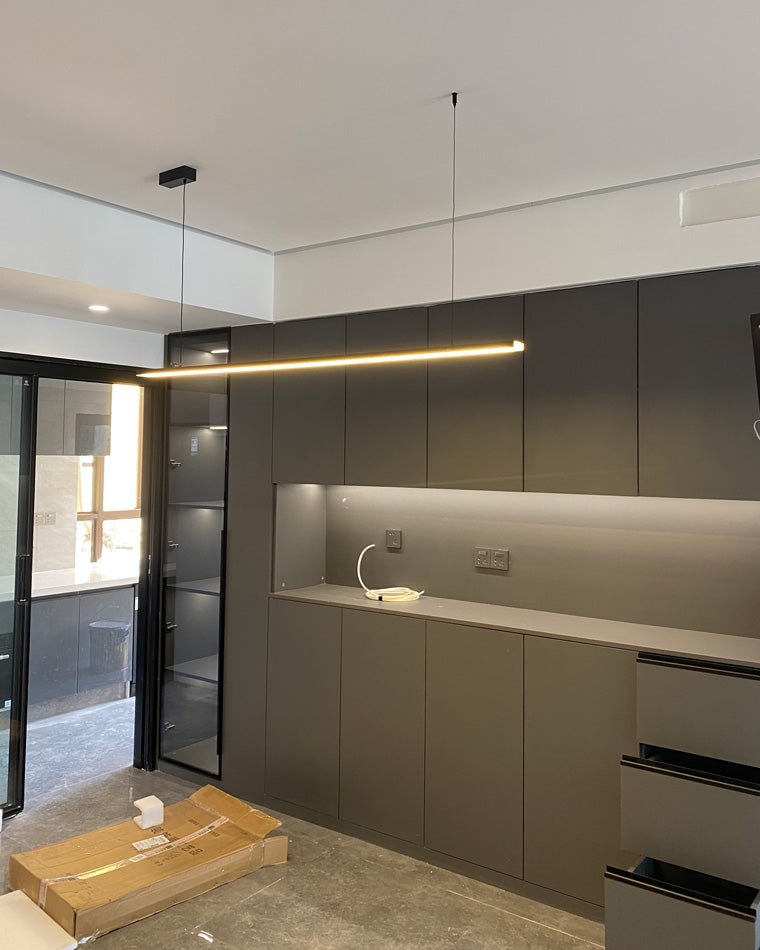 Suspended LED Strip Fixture for Countertop Islands – Dimmable Metal Bar Light with Remote in Matte or Gloss White – 39 to 102 in Adjustable