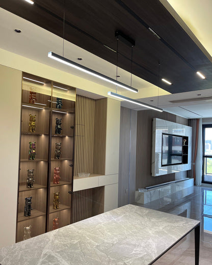 Suspended LED Strip Fixture for Countertop Islands – Dimmable Metal Bar Light with Remote in Matte or Gloss White – 39 to 102 in Adjustable