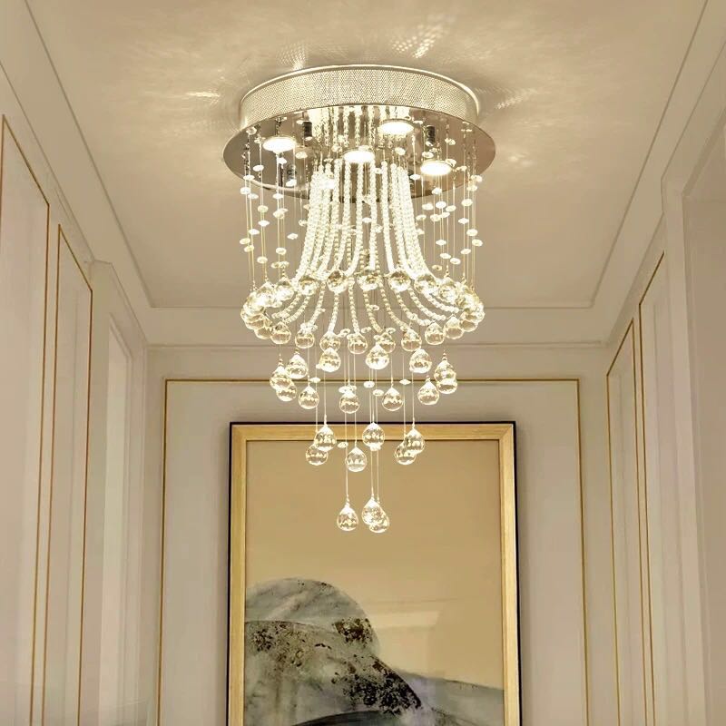 Chrome Ceiling Light with Cascading K9 Crystal Strands for Bedroom, Living Room & Hallway | 5-Light Flush Mount Fixture with GU10 Sockets