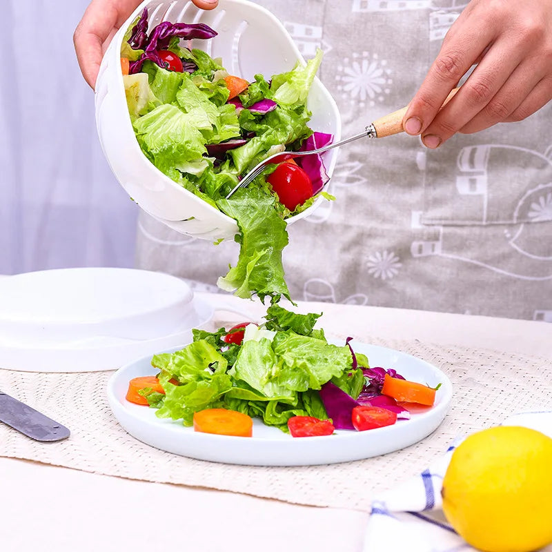 Vegetable Chopper Bowl with Built-In Blade Strainer for Quick Meal Prep Kitchen Salad Maker Dual Function Cutting and Draining