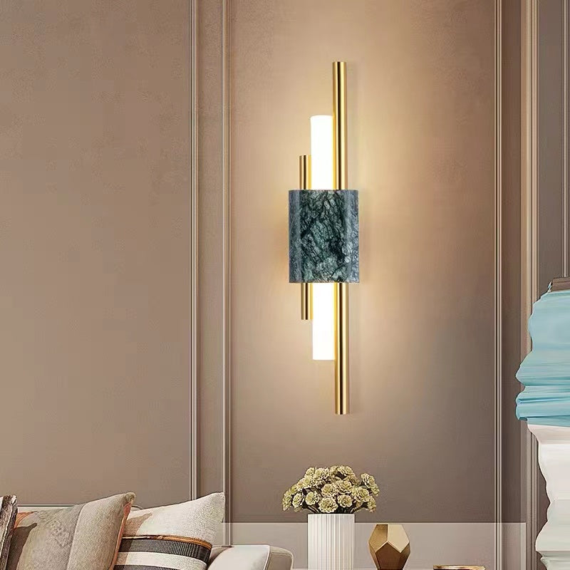 Modern Linear Wall Sconce with Marble Accents – Metal Construction, Warm LED Lighting for Bedroom & Living Room