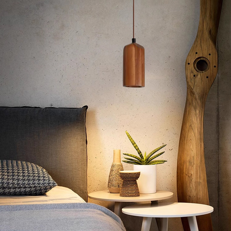 Wood Hanging Lamp GU10 Socket Beige Finish 5.7 in Drop Adjustable Cord Hardwired Ceiling Light for Bedroom Living Room Kitchen Dining Entryw