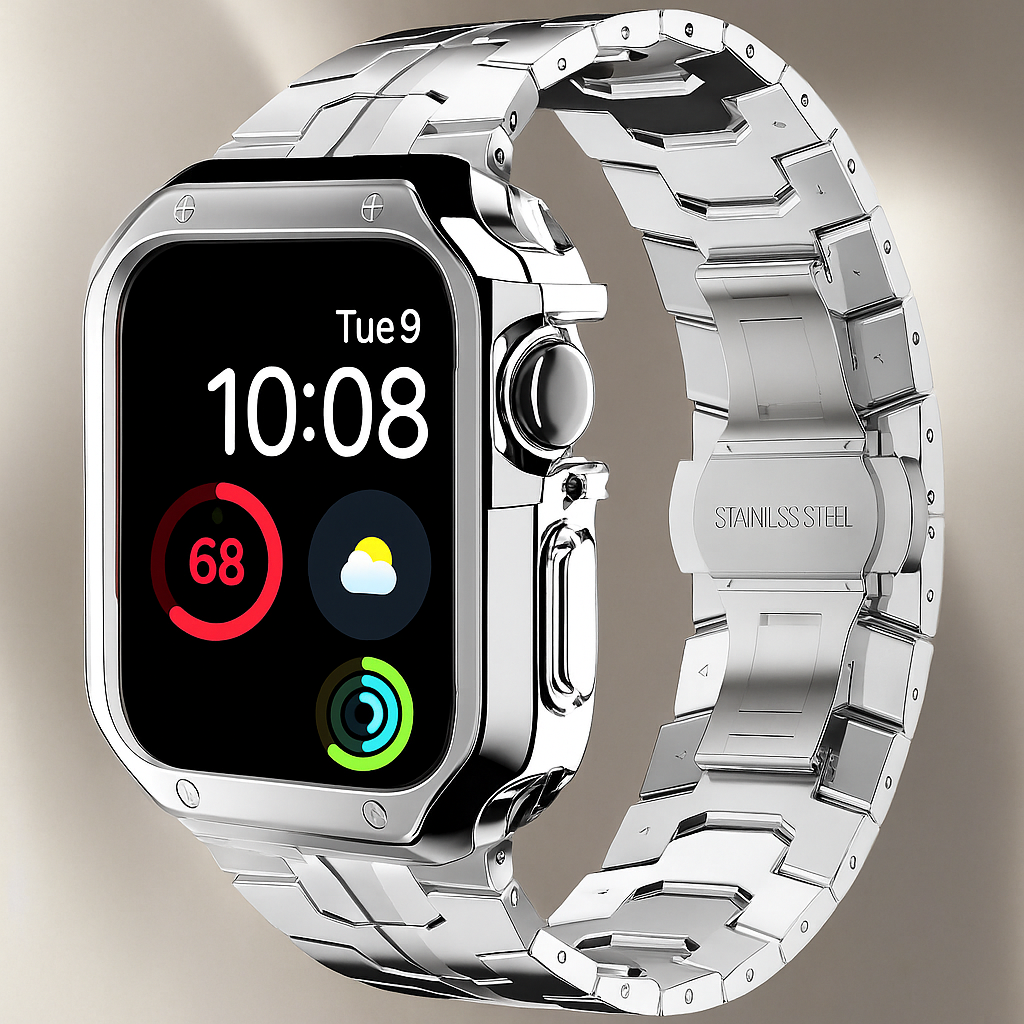 Metal Link Watch Band with Armor Frame for Apple Watch – Titanium-Style Bracelet & Open-Face Protection Case Bundle – Butterfly Clasp