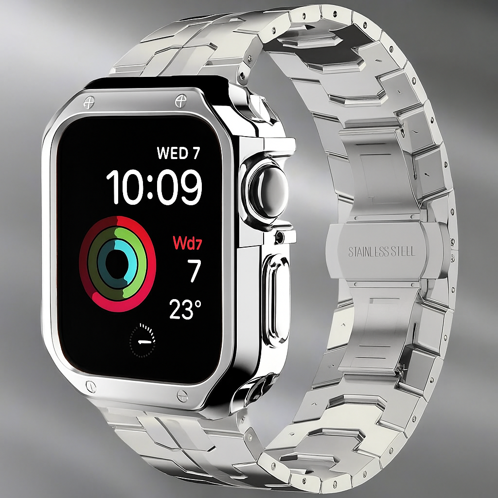 Metal Link Band & Protective Case Set for Apple Watch – Adjustable Bracelet with Matching Frame, Butterfly Clasp & Sizing Tool for Series