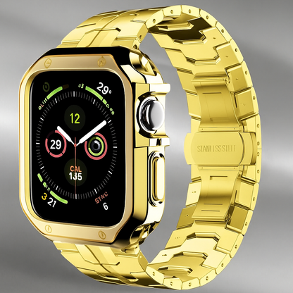 Metal Link Band & Protective Case Set for Apple Watch – Adjustable Bracelet with Matching Frame, Butterfly Clasp & Sizing Tool for Series