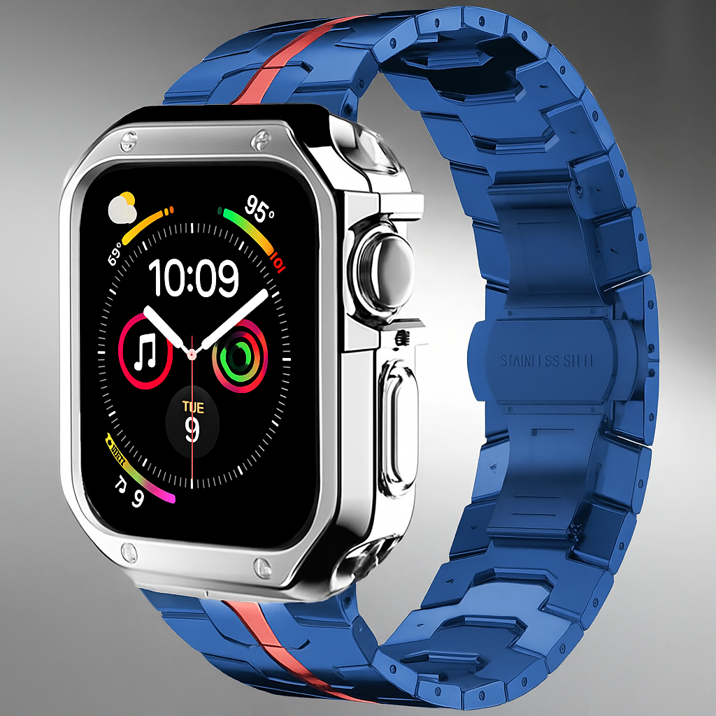 Metal Link Band & Protective Case Set for Apple Watch – Adjustable Bracelet with Matching Frame, Butterfly Clasp & Sizing Tool for Series
