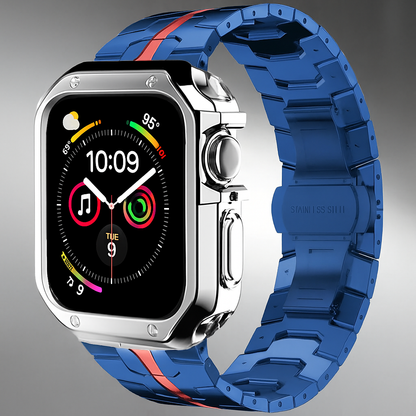 Metal Link Band & Protective Case Set for Apple Watch – Adjustable Bracelet with Matching Frame, Butterfly Clasp & Sizing Tool for Series