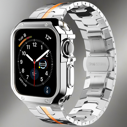 Metal Link Watch Band with Armor Frame for Apple Watch – Titanium-Style Bracelet & Open-Face Protection Case Bundle – Butterfly Clasp