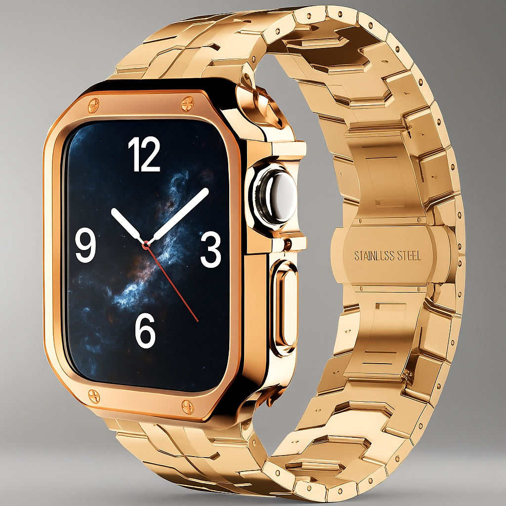 Metal Link Watch Band with Armor Frame for Apple Watch – Titanium-Style Bracelet & Open-Face Protection Case Bundle – Butterfly Clasp