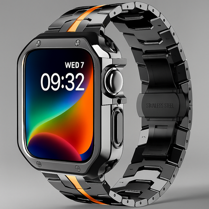 Metal Link Watch Band with Armor Frame for Apple Watch – Titanium-Style Bracelet & Open-Face Protection Case Bundle – Butterfly Clasp