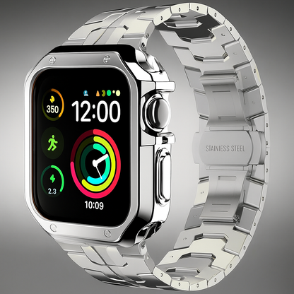 Metal Link Band & Protective Case Set for Apple Watch – Adjustable Bracelet with Matching Frame, Butterfly Clasp & Sizing Tool for Series