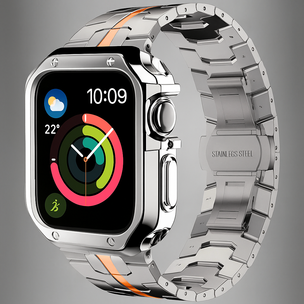 Metal Link Watch Band with Armor Frame for Apple Watch – Titanium-Style Bracelet & Open-Face Protection Case Bundle – Butterfly Clasp