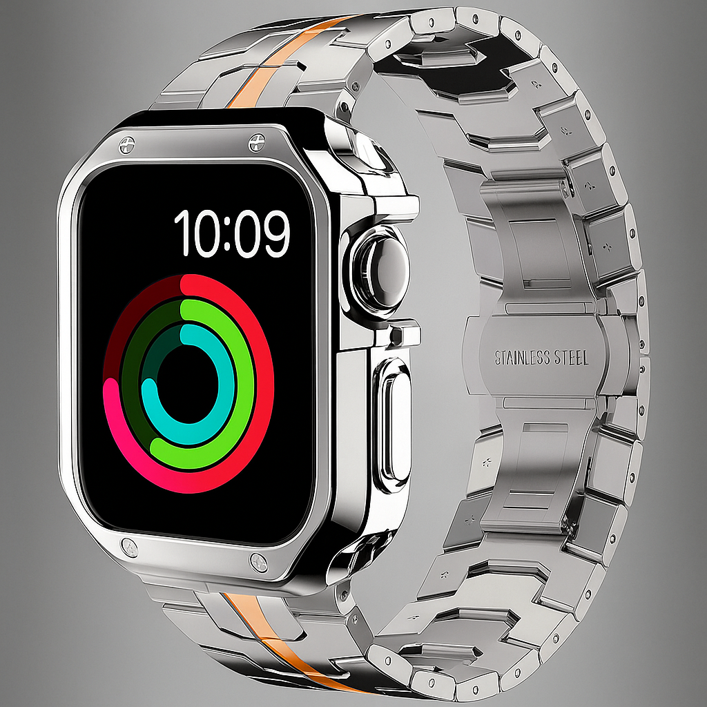 Metal Band & Screen Armor Bundle for Apple Watch – Adjustable Link Bracelet with Protective Bumper Case