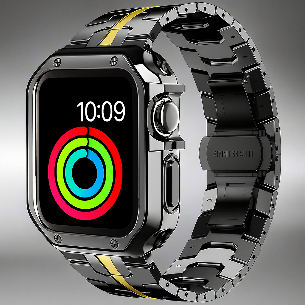 Metal Band & Screen Armor Bundle for Apple Watch – Adjustable Link Bracelet with Protective Bumper Case