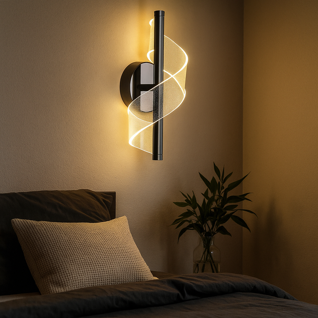 Sculptural LED Sconce Light Black Metal Acrylic Spiral Design for Bedroom Hallway Reading Nook Modern Ambient Fixture 12 in Wall Mount