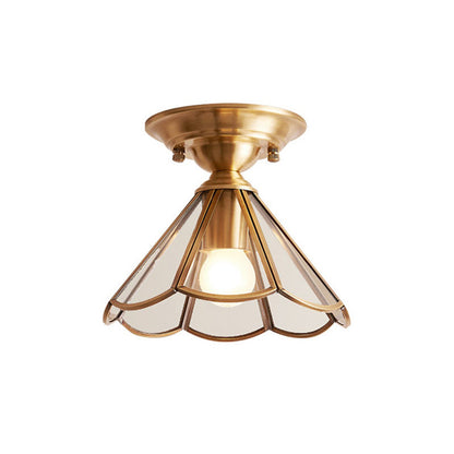 Brass Semi-Flush Mount Ceiling Light with Scalloped Dome Shade – Single Socket Colonial Style for Hallway, Bedroom & Kitchen