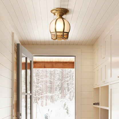 Brass Semi-Flush Mount Ceiling Light with Scalloped Dome Shade – Single Socket Colonial Style for Hallway, Bedroom & Kitchen