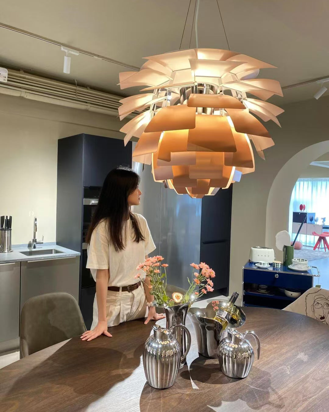 Layered Metal Fixture 19 in Wide Warm White E27 Socket Adjustable Height Kitchen Island Dining Room Cord Suspended Overhead Lighting Texture