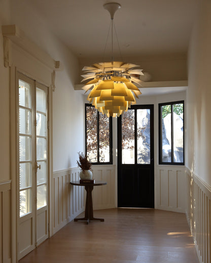 Sculptural Metal Shade Hanging Fixture 20 in Adjustable Height Overhead Lighting for Dining Room Kitchen Island Entryway Warm Glow Installat