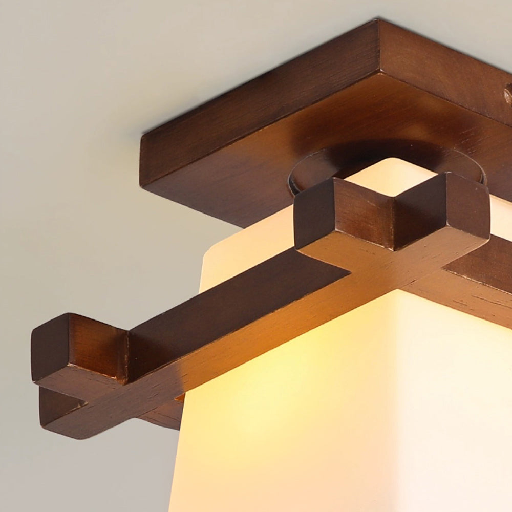 Square Flush Mount Ceiling Light Fixture with Wood Accent, White Shade, E27 Socket for Bedroom, Hallway, Living Room, Minimalist Home Lighti