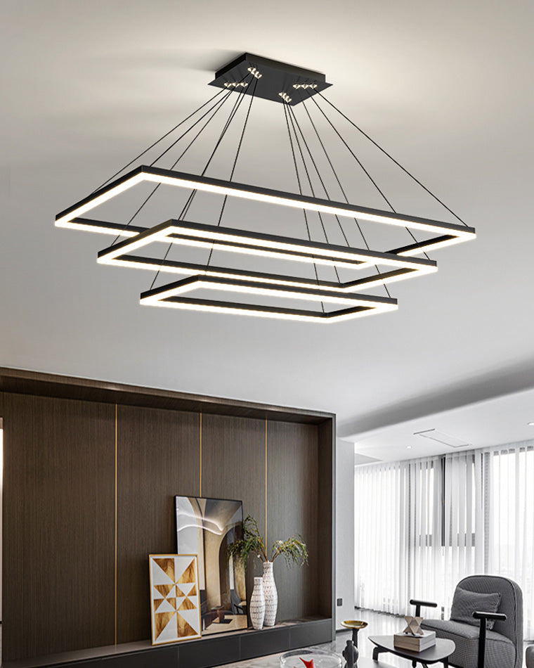Multi-Tier Linear Suspension Fixture with Integrated LED, Adjustable Cable, Matte Black Metal Frame for Dining & Living Spaces