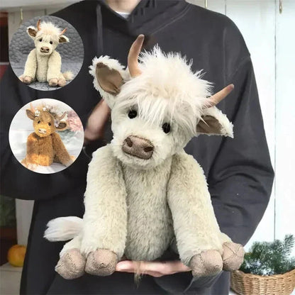 Handcrafted Highland Cow Plush with Floral Crown – Soft Alpaca Fiber Stuffed Animal Décor for Kids & Adults, Poseable Limbs & Head, Glass