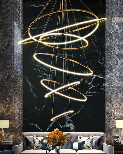 Multi-Tier Cascading LED Ring Fixture for Grand Entryways and Tall Staircases – Height-Adjustable Modern Statement Lighting with Remote Dimm