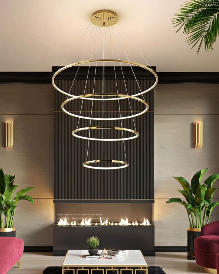 Multi-Tier Cascading LED Ring Fixture for Grand Entryways and Tall Staircases – Height-Adjustable Modern Statement Lighting with Remote Dimm