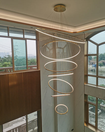 Multi-Tier Cascading LED Ring Fixture for Grand Entryways and Tall Staircases – Height-Adjustable Modern Statement Lighting with Remote Dimm