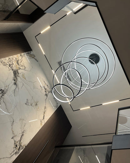 Multi-Tier Cascading LED Ring Fixture for Grand Entryways and Tall Staircases – Height-Adjustable Modern Statement Lighting with Remote Dimm