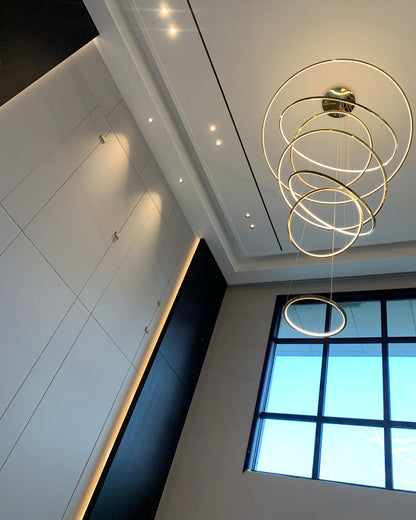 Multi-Tier Cascading LED Ring Fixture for Grand Entryways and Tall Staircases – Height-Adjustable Modern Statement Lighting with Remote Dimm