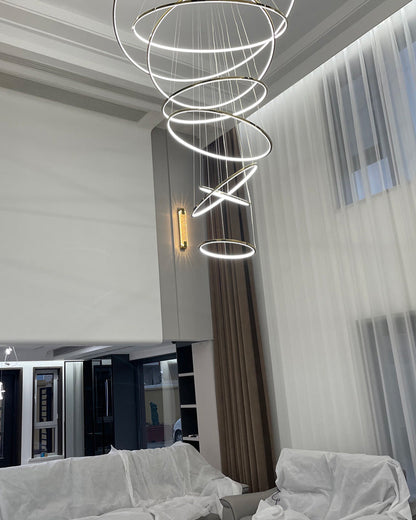 Multi-Tier Cascading LED Ring Fixture for Grand Entryways and Tall Staircases – Height-Adjustable Modern Statement Lighting with Remote Dimm