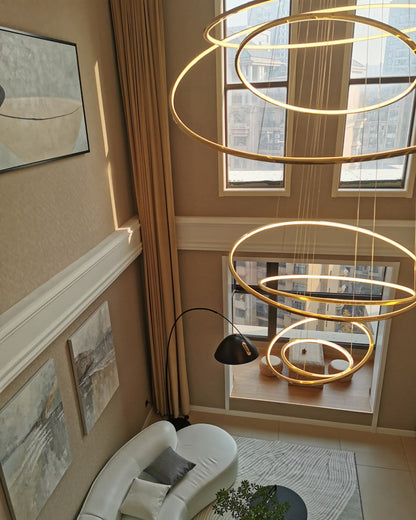 Multi-Tier Cascading LED Ring Fixture for Grand Entryways and Tall Staircases – Height-Adjustable Modern Statement Lighting with Remote Dimm