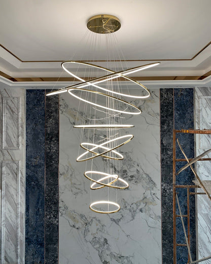 Multi-Tier Cascading LED Ring Fixture for Grand Entryways and Tall Staircases – Height-Adjustable Modern Statement Lighting with Remote Dimm