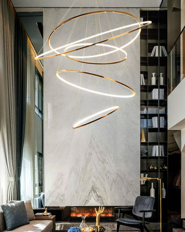 Multi-Tier Cascading LED Ring Fixture for Grand Entryways and Tall Staircases – Height-Adjustable Modern Statement Lighting with Remote Dimm