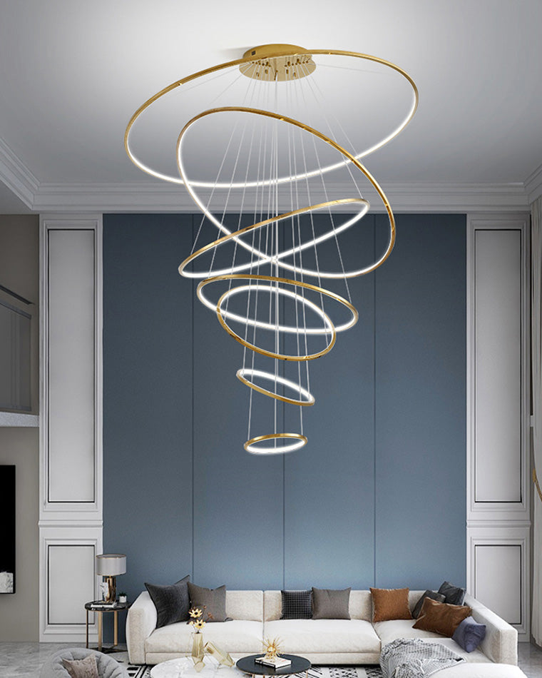 Multi-Tier Cascading LED Ring Fixture for Grand Entryways and Tall Staircases – Height-Adjustable Modern Statement Lighting with Remote Dimm