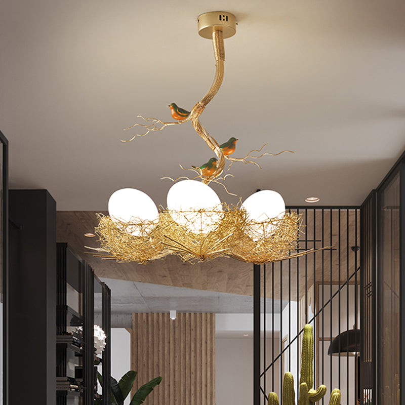 Bird Nest Pendant Light Fixture with Milky White Globe Shades | Hand-Crafted Metal Art Deco Chandelier for Dining Room, Kitchen Island &