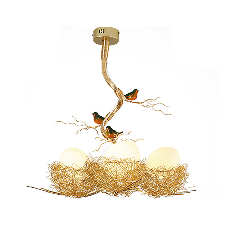 Bird Nest Pendant Light Fixture with Milky White Globe Shades | Hand-Crafted Metal Art Deco Chandelier for Dining Room, Kitchen Island &