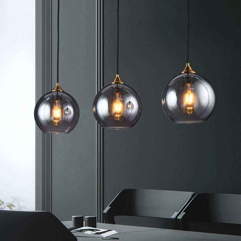 Three-Light Hanging Ceiling Fixture with Tapered Glass Globes in Antique Brass Finish for Dining Room Kitchen Island