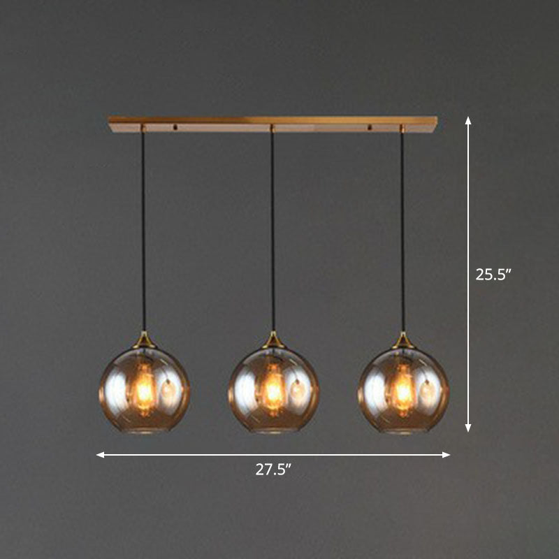 Three-Light Hanging Ceiling Fixture with Tapered Glass Globes in Antique Brass Finish for Dining Room Kitchen Island