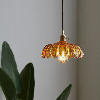Floral Glass Shade Ceiling Fixture Green 10 Inch Adjustable Cord E27 Socket for Dining Room Kitchen Hallway Vintage Copper Accent Home Light