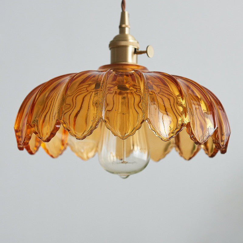 Glass Flower Pendant Light 10 Inch Industrial Hanging Fixture Clear Tan Single Bulb Dining Kitchen Living Room Ceiling Lamp E26